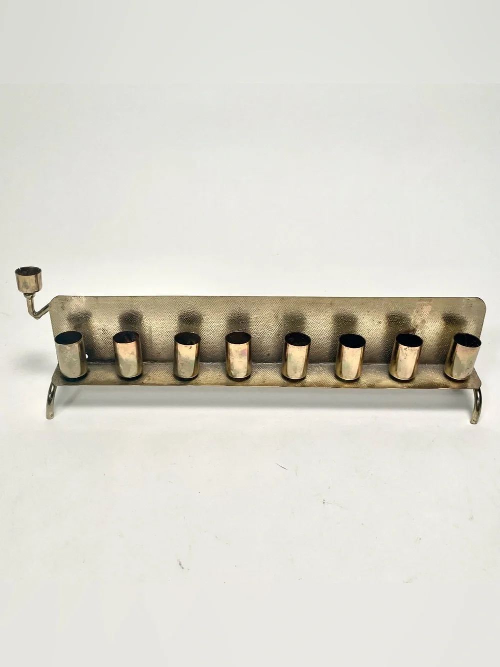 Vintage Mid Century Modern Menorah Silver & Gold Tone Textured Aluminum Hanukkah